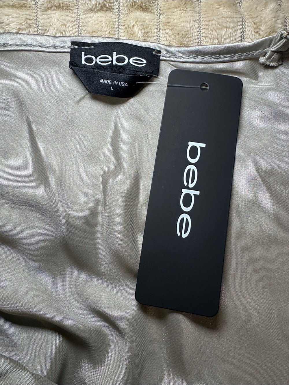 NWT Bebe Silver Satin Cowl Neck Slip Dress. Size Large - Picture 4 of 5